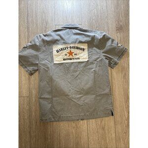 Mens Harley Davidson Gray Embroidered Patched Military Top Gun Button Shirt L
